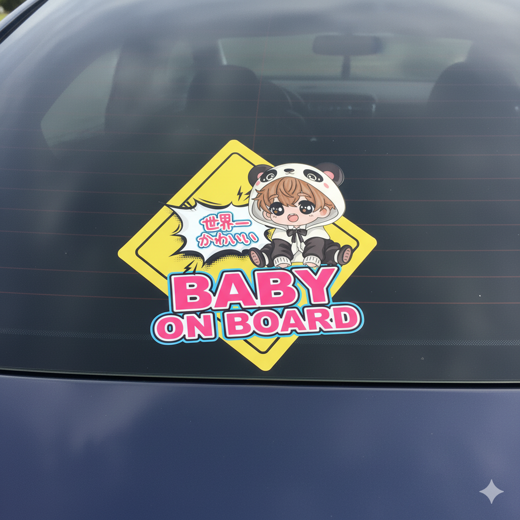 Baby on board - anime-style artwork paired with the Japanese text "World's Cutest."