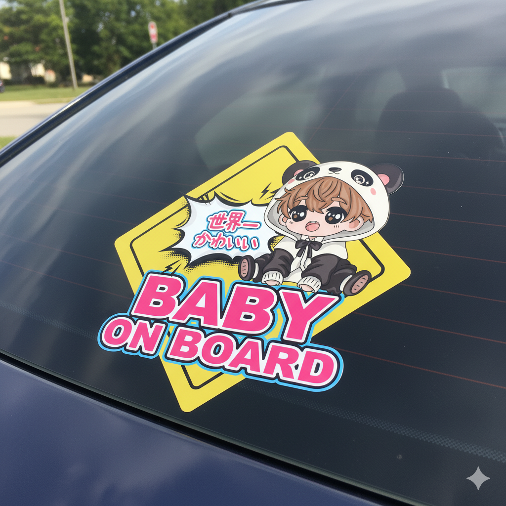Baby on board - anime-style artwork paired with the Japanese text "World's Cutest."