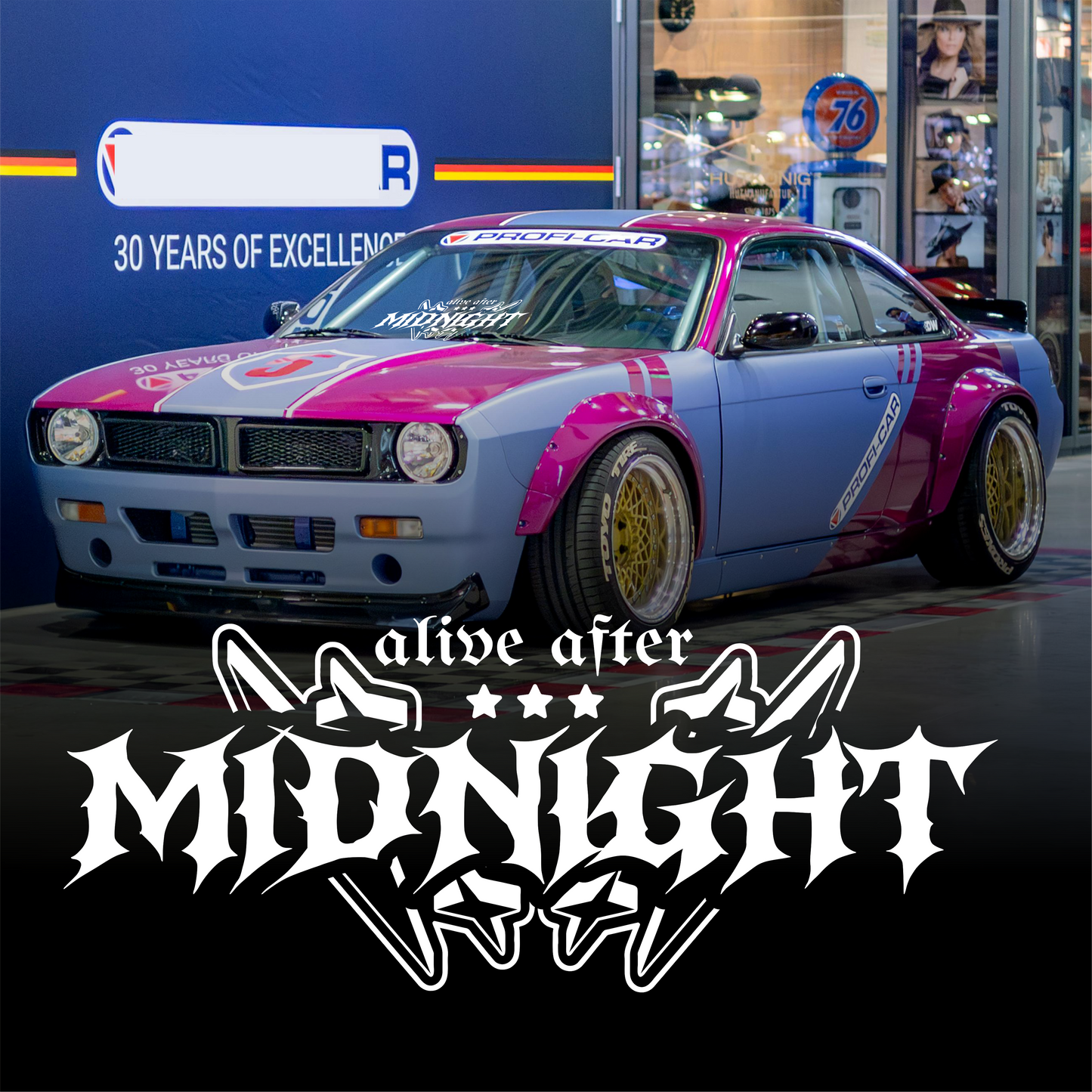 Alive After Midnight windshield decal fire font