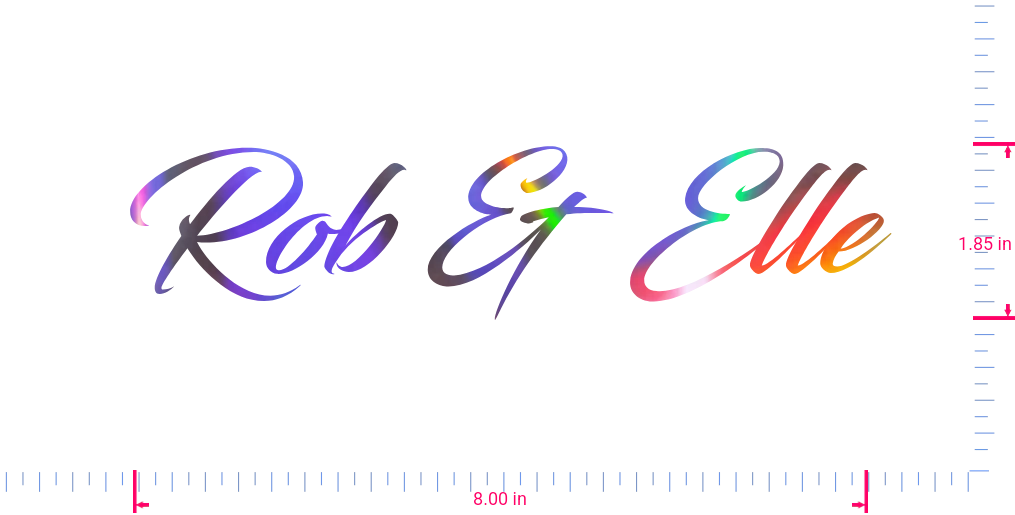 Text Rob & Elle Vinyl custom lettering decall/1.85 x 8.00 in/ OilSlick Chrome /