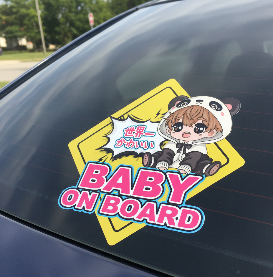 Baby on board -  anime-style artwork paired with the Japanese text "World's Cutest."