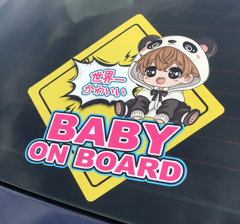 Baby on board -  anime-style artwork paired with the Japanese text "World's Cutest."