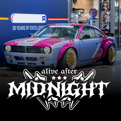 Alive After Midnight windshield decal fire font