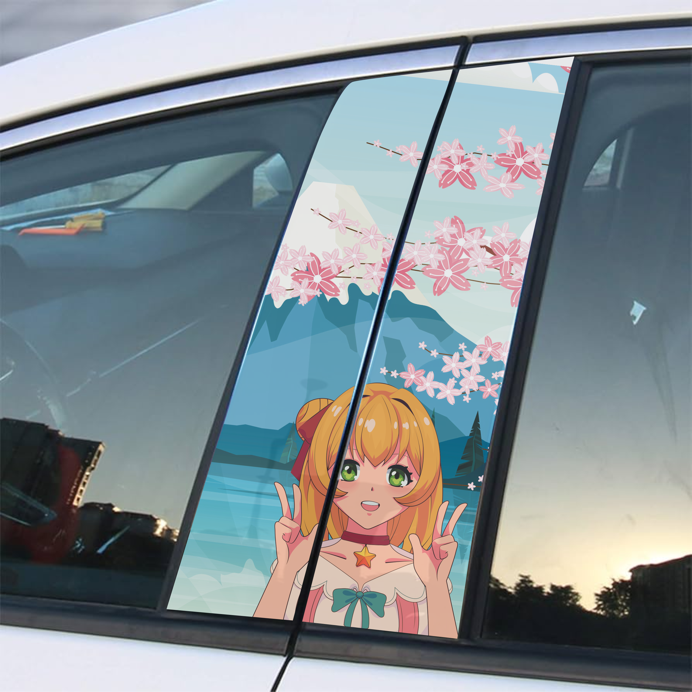 Aufkleber „Anime-Mädchen im Sakura-Hintergrund“ für die B-Säule der Autotür – Professioneller Druck