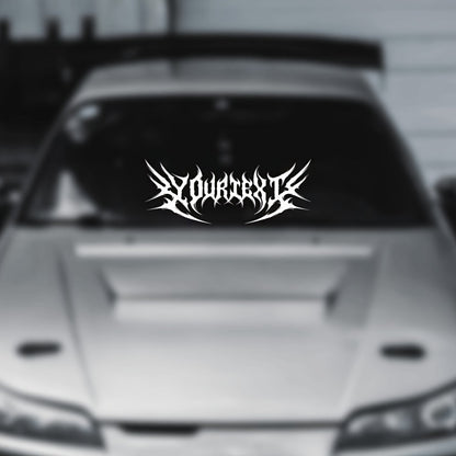 Custom Text Sticker Windshield Decal - ANY Text Phrase - Car Edgy Metal Style Blade Serrated Font Gothic Style Waterproof,