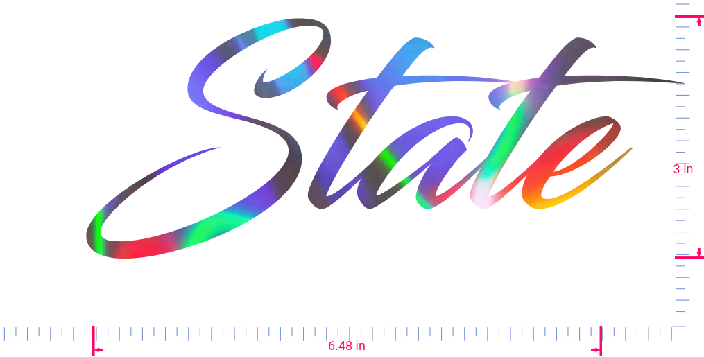 Text State Vinyl custom lettering decall/3 x 6.48 in/ OilSlick Chrome /