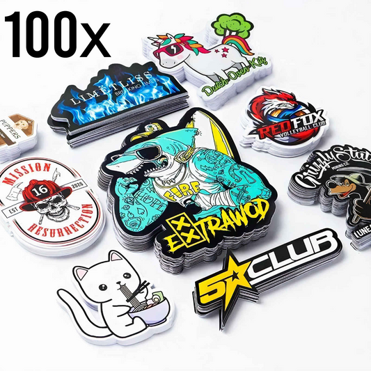 100x custom printed, UV Laminated in Mat or Glossy Stickers