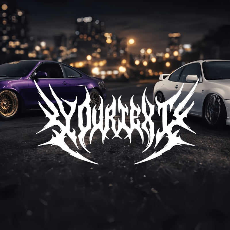Custom Text Sticker Windshield Decal - ANY Text Phrase - Car Edgy Metal Style Blade Serrated Font Gothic Style Waterproof,